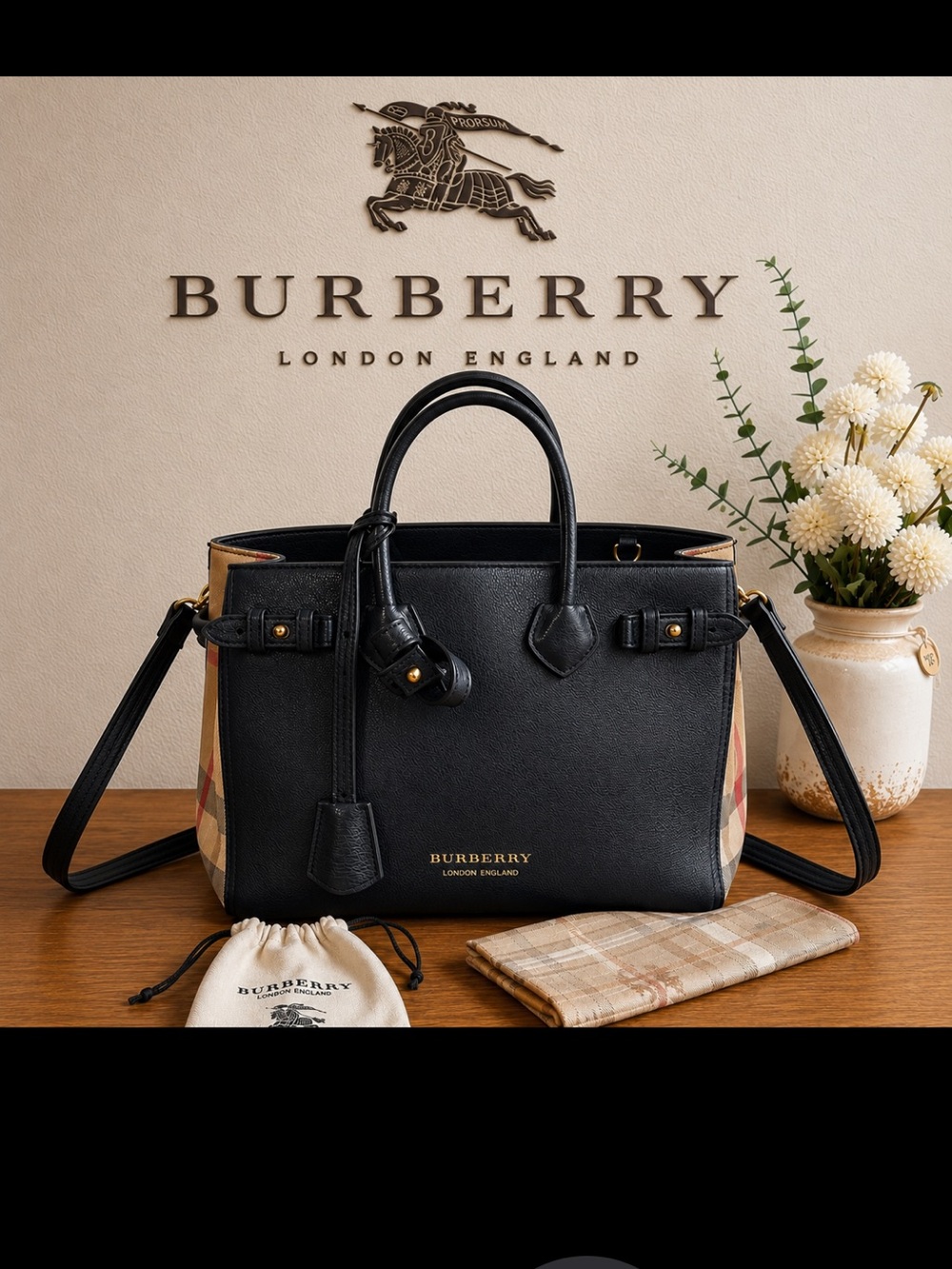 Burberry Black Leather Top-Handle Tote with Vintage Check Panels